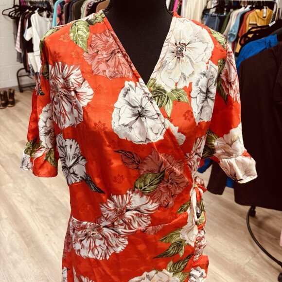 ASOS Red Floral Ruffle Maxi Wrap Dress Size 14 - Picture 2 of 4